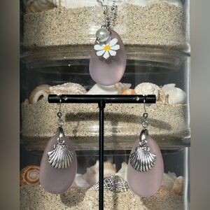 Soft Pink Beach Glass Vacation Earrings + Necklace Full Set